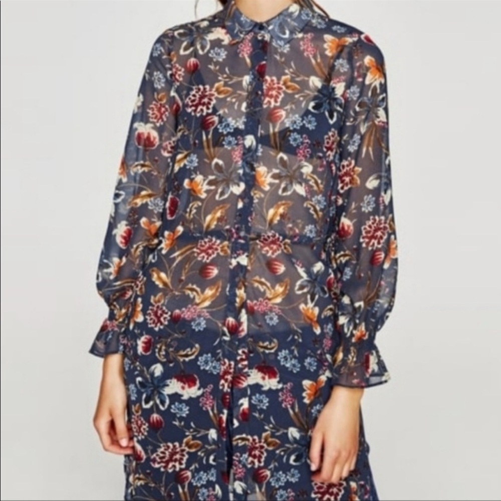 Zara XS Blue Floral Long Duster Tunic High Slits Sheer Button Down Kimono Top